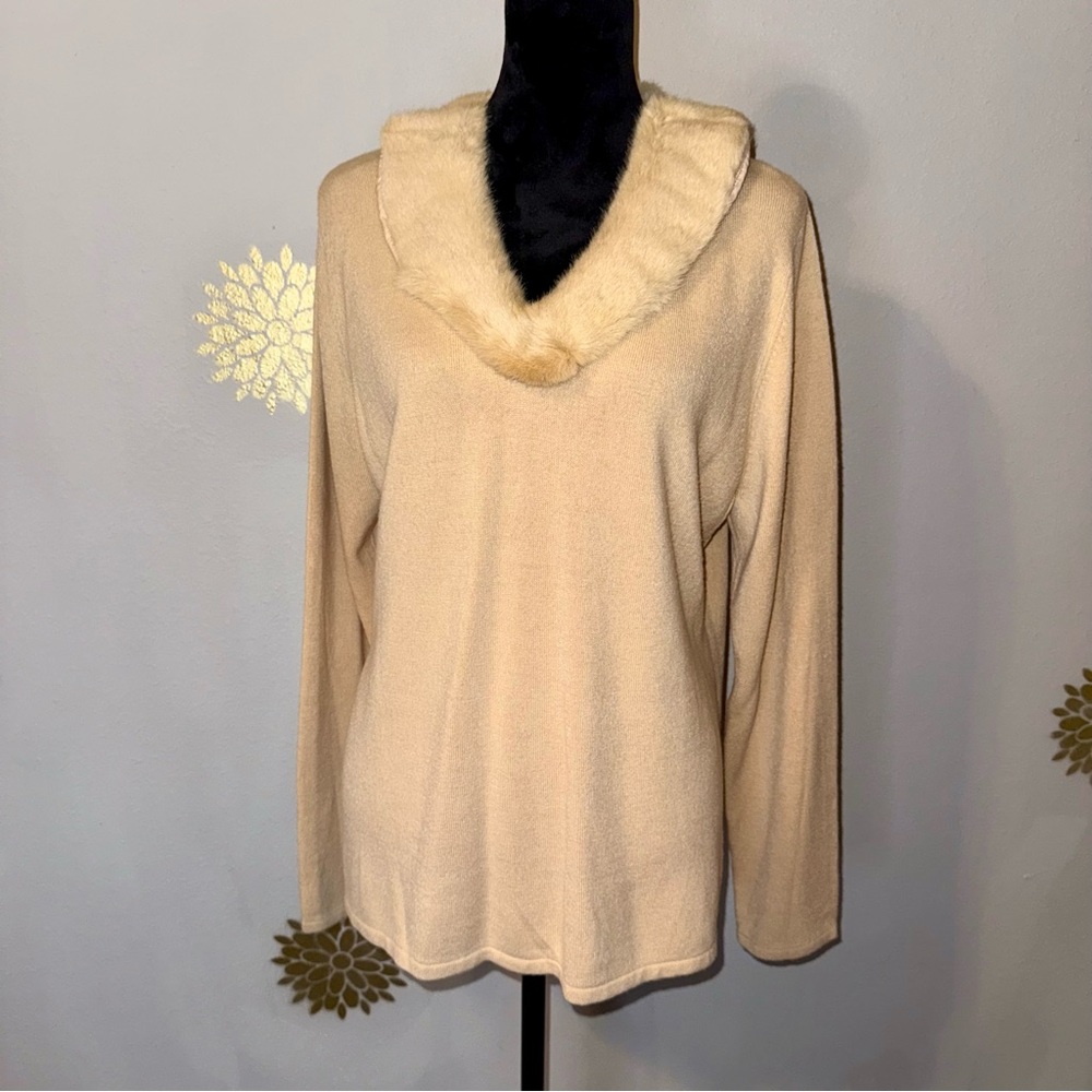 Vintage Cream Tan Removable Faux Fur Collar Sweater L/S Ladie’s 1X Retro